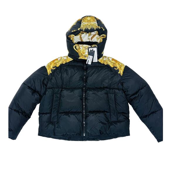 NWT Versace Women 42 US M Medusa Barocco Black Gold Puffer Jacket Hoodie $2,250 - Picture 1 of 16